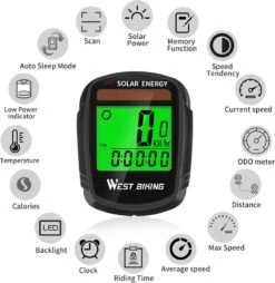 Draadloze Verlichte Fietscomputer - USB Oplaadbaar- Op Zonne- Energie - Kilometerteller - Klok - Calorie Teller - Snelheidsmeter - Auto Wake - IPX7 Waterdicht - 5 Talen - Met Verlichte LCD Display - Multifunctioneel - Inclusief Sensor - Zwart -Fietsenwinkel 1169x1200 2