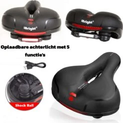 IBright Gel Fietszadel Met LED Oplaadbare Achterlicht - USB Oplaadbaar - Fietsverlichting Met 6 Functie's - Dames / Heren - Waterdicht - Gratis Zadelstrop - USB Oplaadkabel - Zwart -Fietsenwinkel 1198x1200 16