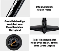 Matzwarte Fietspomp Met Drukmeter én Extra Ventielen - Multifunctioneel Mondstuk – Schrader En Presta – Aluminium Lichtgewicht Vloerpomp – Ballenpomp/ Scooterpomp/ Autobandenpomp -Fietsenwinkel 1200x1046