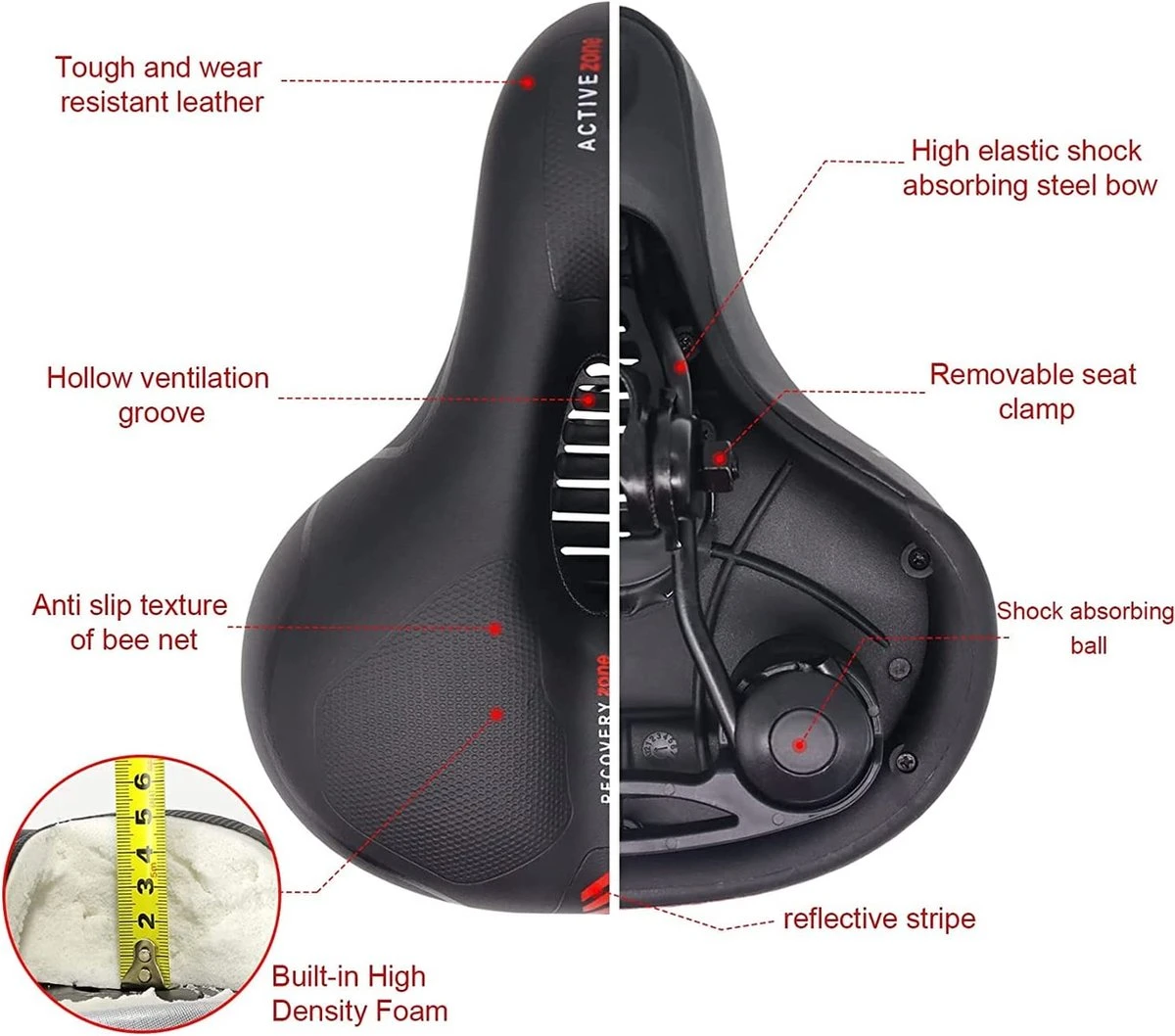 Fiets Zadels - Met Achterlichten- Langzame Rebound Traagschuim - Hol Ergonomisch Breed Tourzadel - MTB Zadel -mountainbikezadel - Fietszadel Dames - Fietszadel Heren - Unisex 4 Fiets Zadels - Met Achterlichten- Langzame Rebound Traagschuim - Hol Ergonomisch Breed Tourzadel - MTB Zadel -mountainbikezadel - Fietszadel Dames - Fietszadel Heren - Unisex - Afbeelding 4