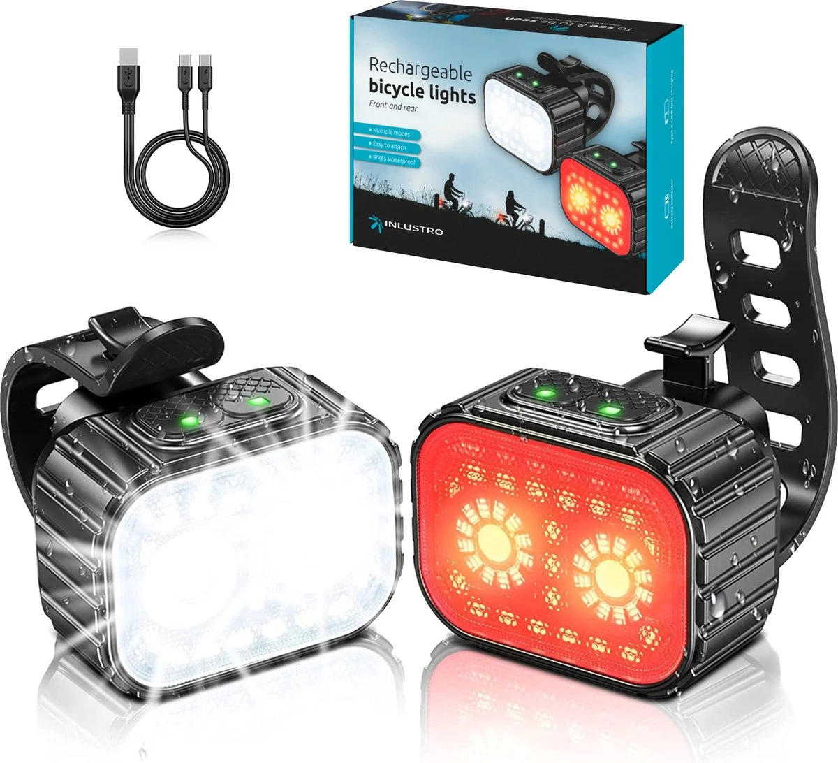 Inlustro Fietslamp Set - Voorlicht / Achterlicht - LED Fietslampjes Rood En Wit - Fietslicht Koplamp - Waterdicht - USB Oplaadbaar 1 Inlustro Fietslamp Set - Voorlicht / Achterlicht - LED Fietslampjes Rood En Wit - Fietslicht Koplamp - Waterdicht - USB Oplaadbaar