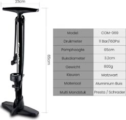 Matzwarte Fietspomp Met Drukmeter én Extra Ventielen - Multifunctioneel Mondstuk – Schrader En Presta – Aluminium Lichtgewicht Vloerpomp – Ballenpomp/ Scooterpomp/ Autobandenpomp -Fietsenwinkel 1200x1147
