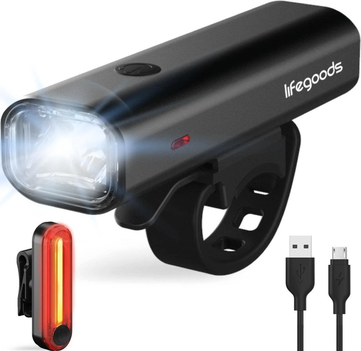 LifeGoods LED Fietsverlichting Set - Voorlicht En Achterlicht - USB Oplaadbaar - Zwart 1 LifeGoods LED Fietsverlichting Set - Voorlicht En Achterlicht - USB Oplaadbaar - Zwart