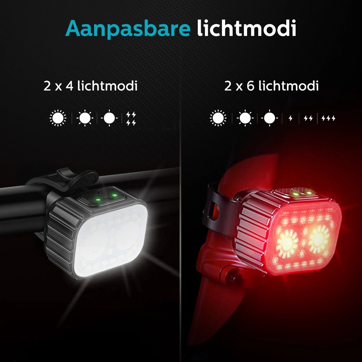 Inlustro Fietslamp Set - Voorlicht / Achterlicht - LED Fietslampjes Rood En Wit - Fietslicht Koplamp - Waterdicht - USB Oplaadbaar 7 Inlustro Fietslamp Set - Voorlicht / Achterlicht - LED Fietslampjes Rood En Wit - Fietslicht Koplamp - Waterdicht - USB Oplaadbaar - Afbeelding 7
